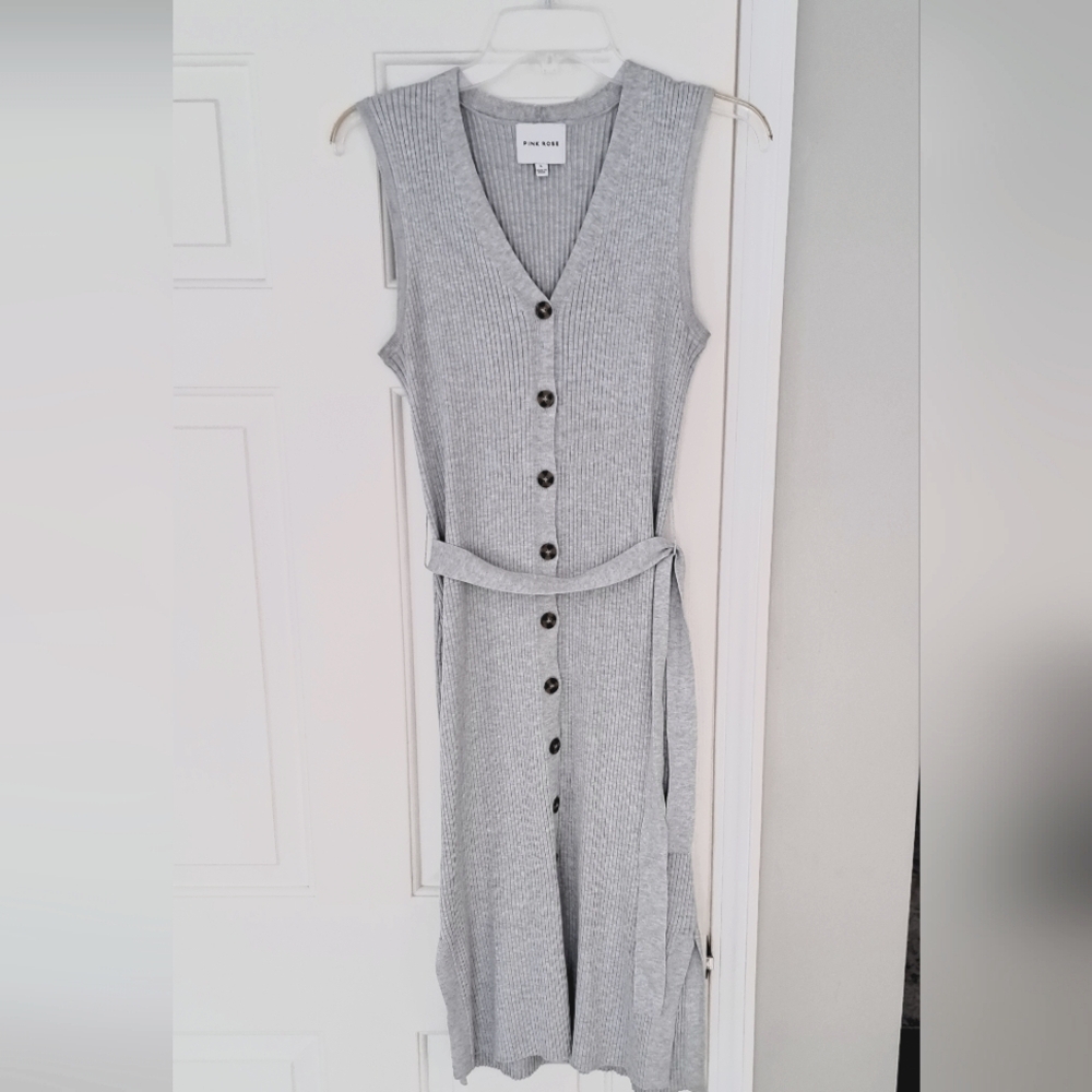 Pink Rose Gray Ribbed Sleeveless Button Vacation Office Midi Dress.  Size L.